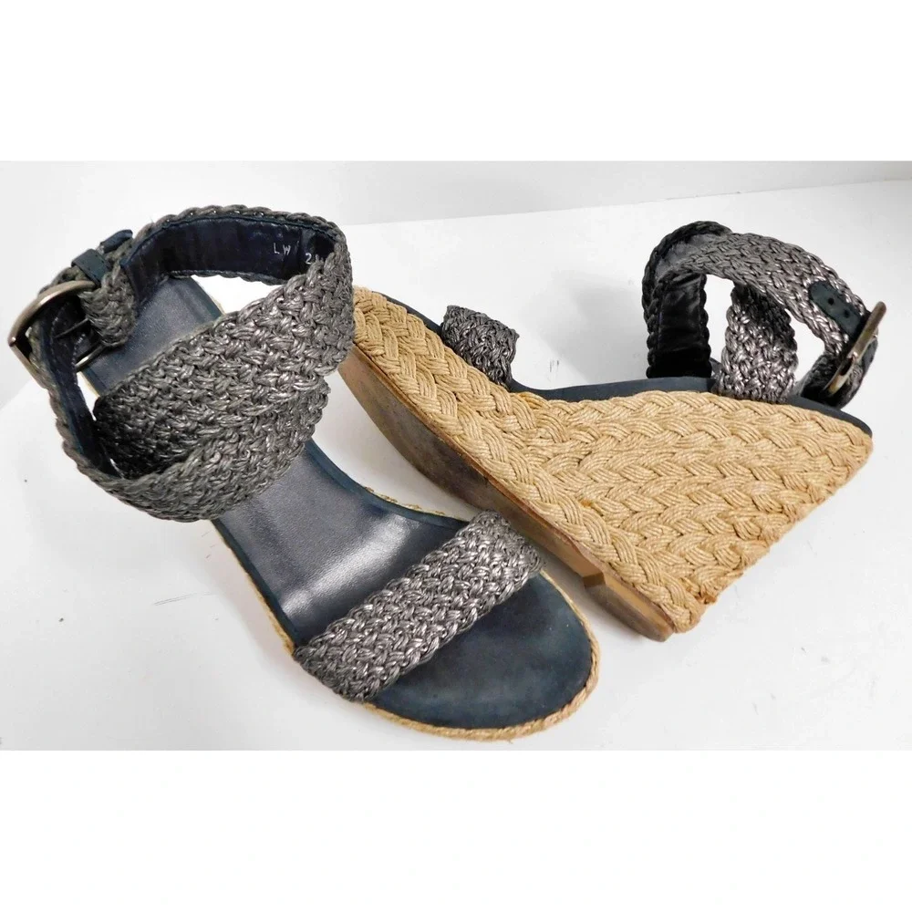Stuart Weitzman Alex Pewter Wedge Espadrille Woven Ankle Macrame Wedges 8.5 M‎ - Picture 2 of 6